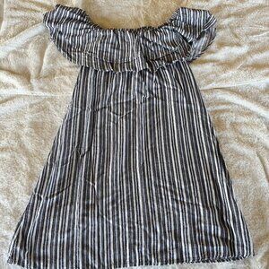 Almost Famous Dress, Junior Medium, Blue & White Stripe, Off Shoulder Ruffle